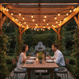 Couple enjoying dinner under warm festoon lights on a wooden pergola, surrounded by greenery.