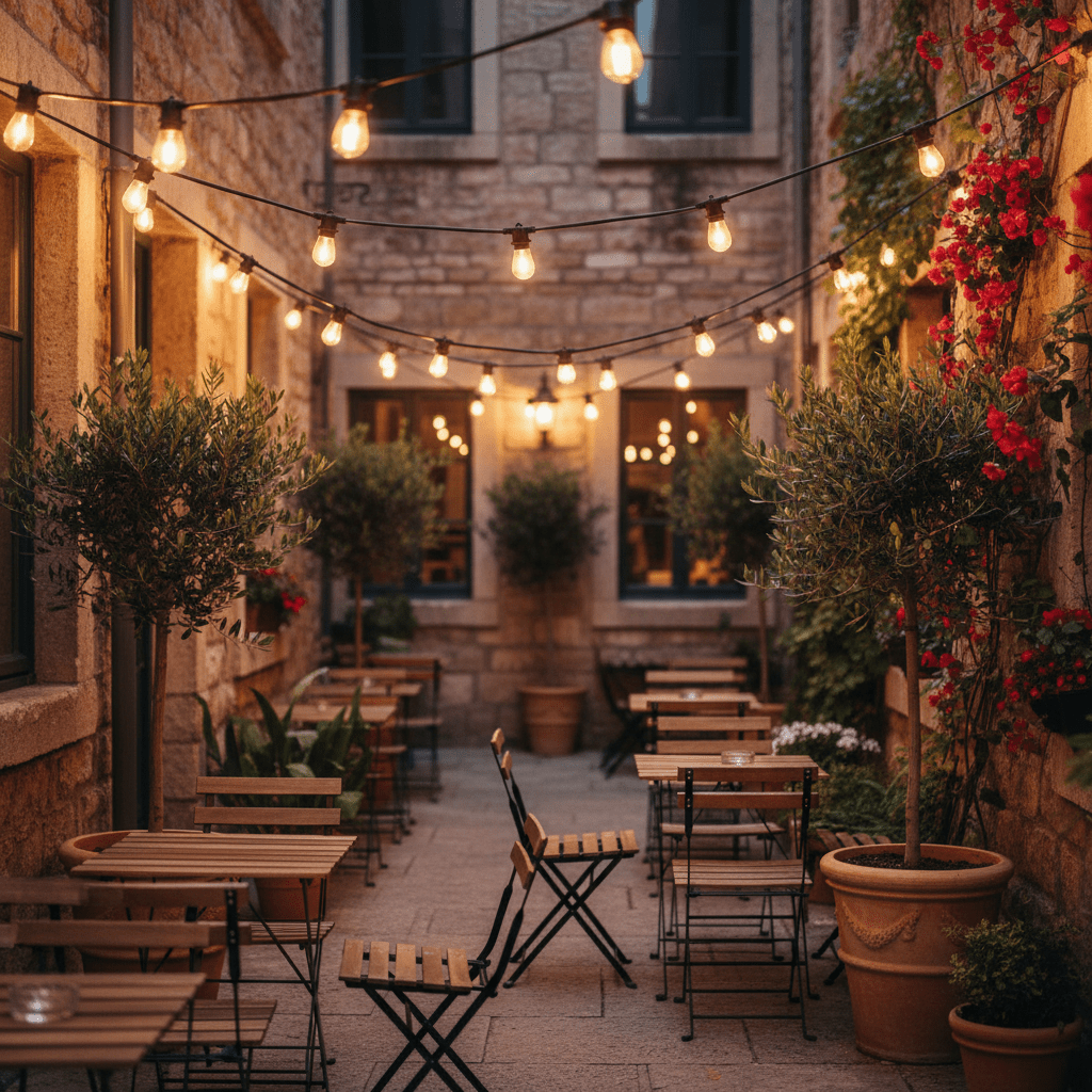 Outdoor patio scene with string lights overhead, wooden tables, and potted plants creating a warm ambiance.