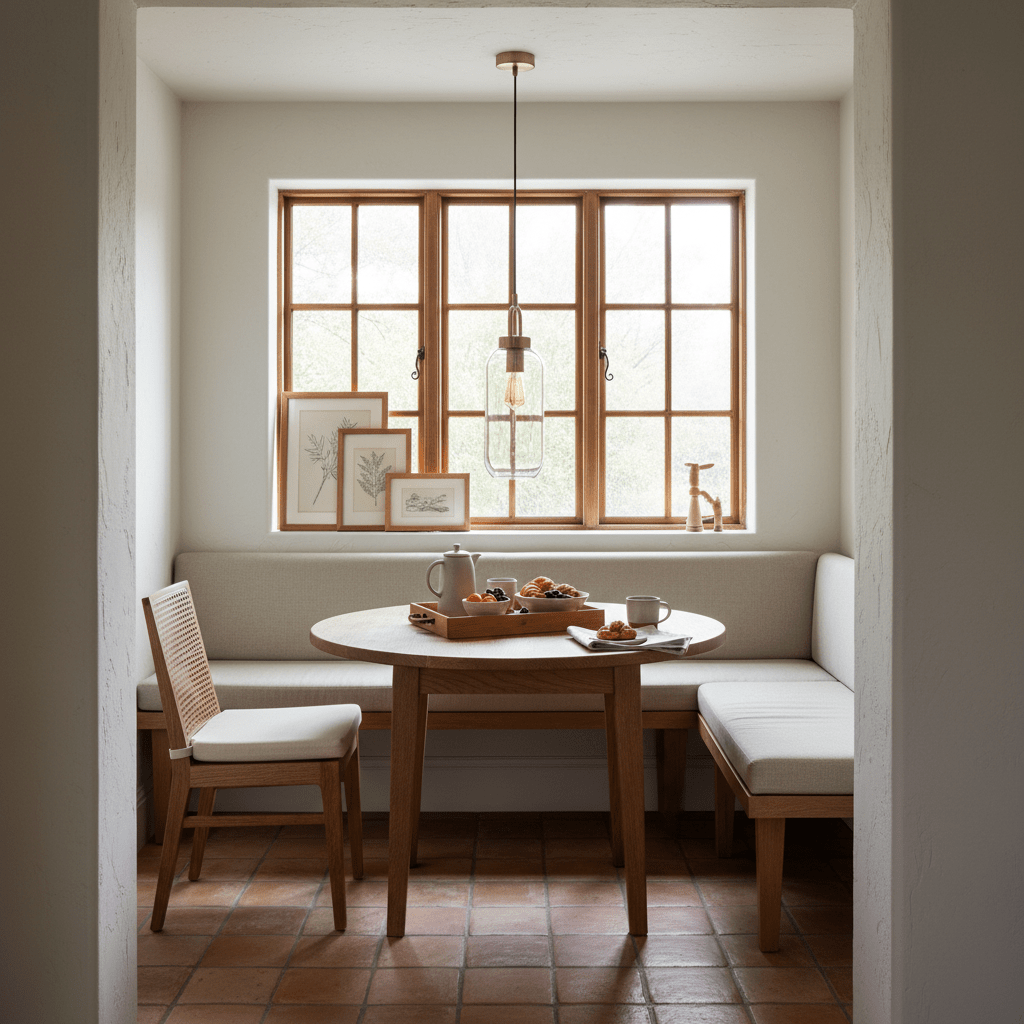 Antique brass and clear glass pendant light hanging over a round wooden table in a dining nook
