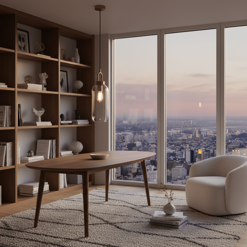 Antique brass and clear glass pendant light hanging over a wooden table in a modern room with city view