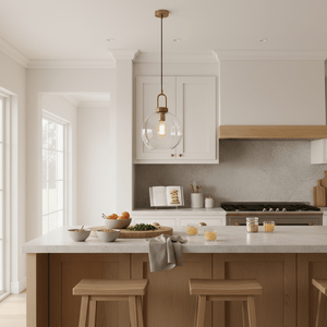 Antique brass pendant with clear glass globe hanging over a kitchen island, illuminating a modern kitchen scene