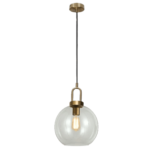 Antique brass pendant light with clear glass globe and exposed bulb