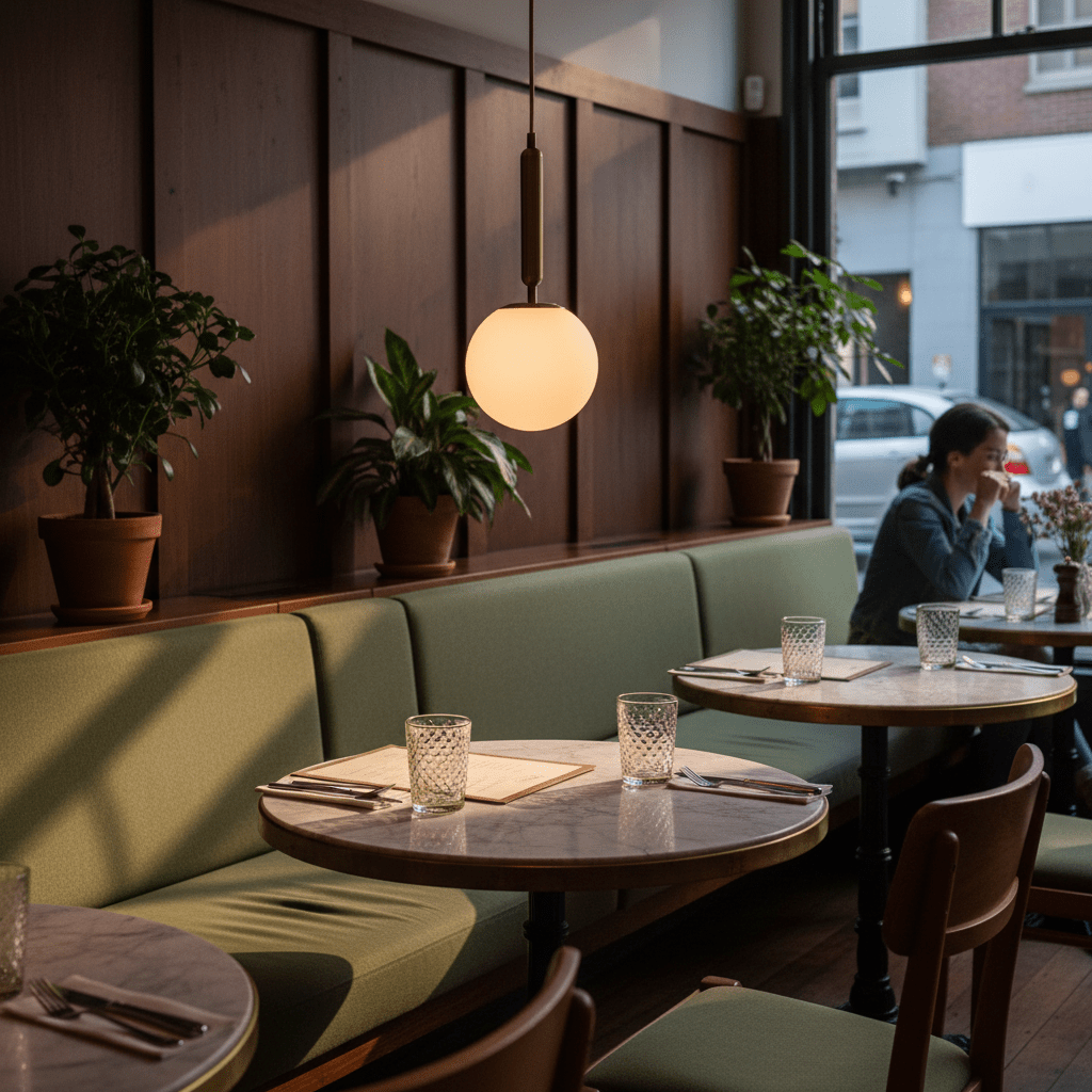 Antique brass pendant with frosted opal glass globe hanging above a dining table in a restaurant setting