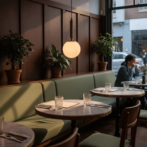 Antique brass pendant with frosted opal glass globe hanging above a dining table in a restaurant setting
