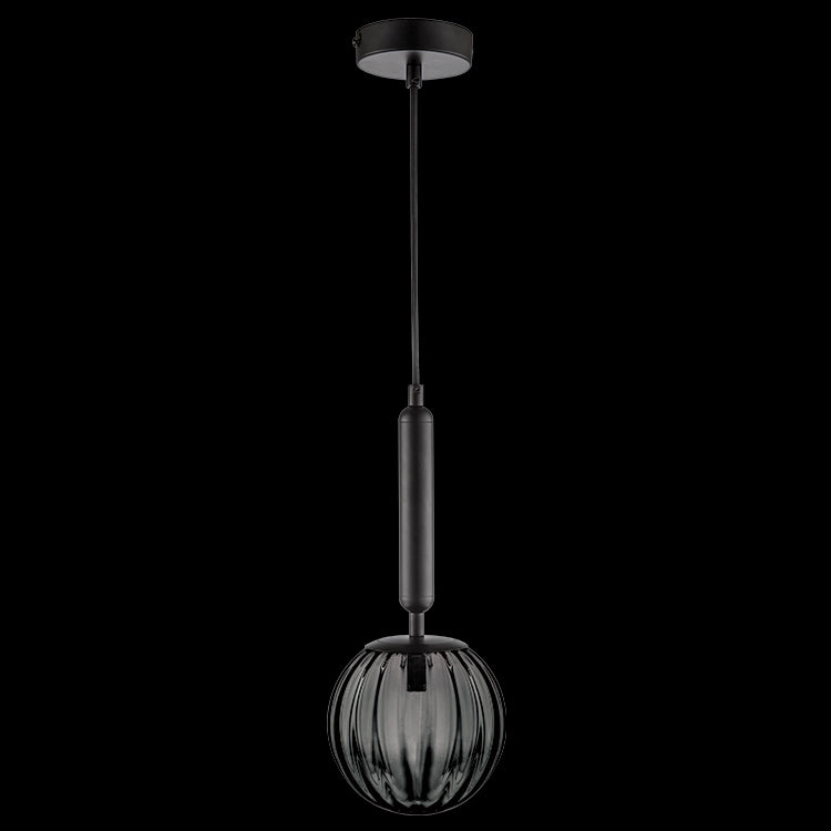 Black ribbed glass globe pendant light with black canopy and cord