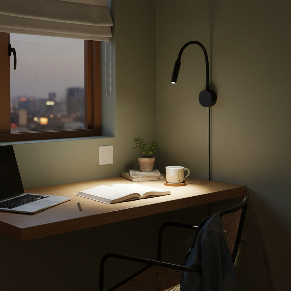 home office with black goose neck reading light