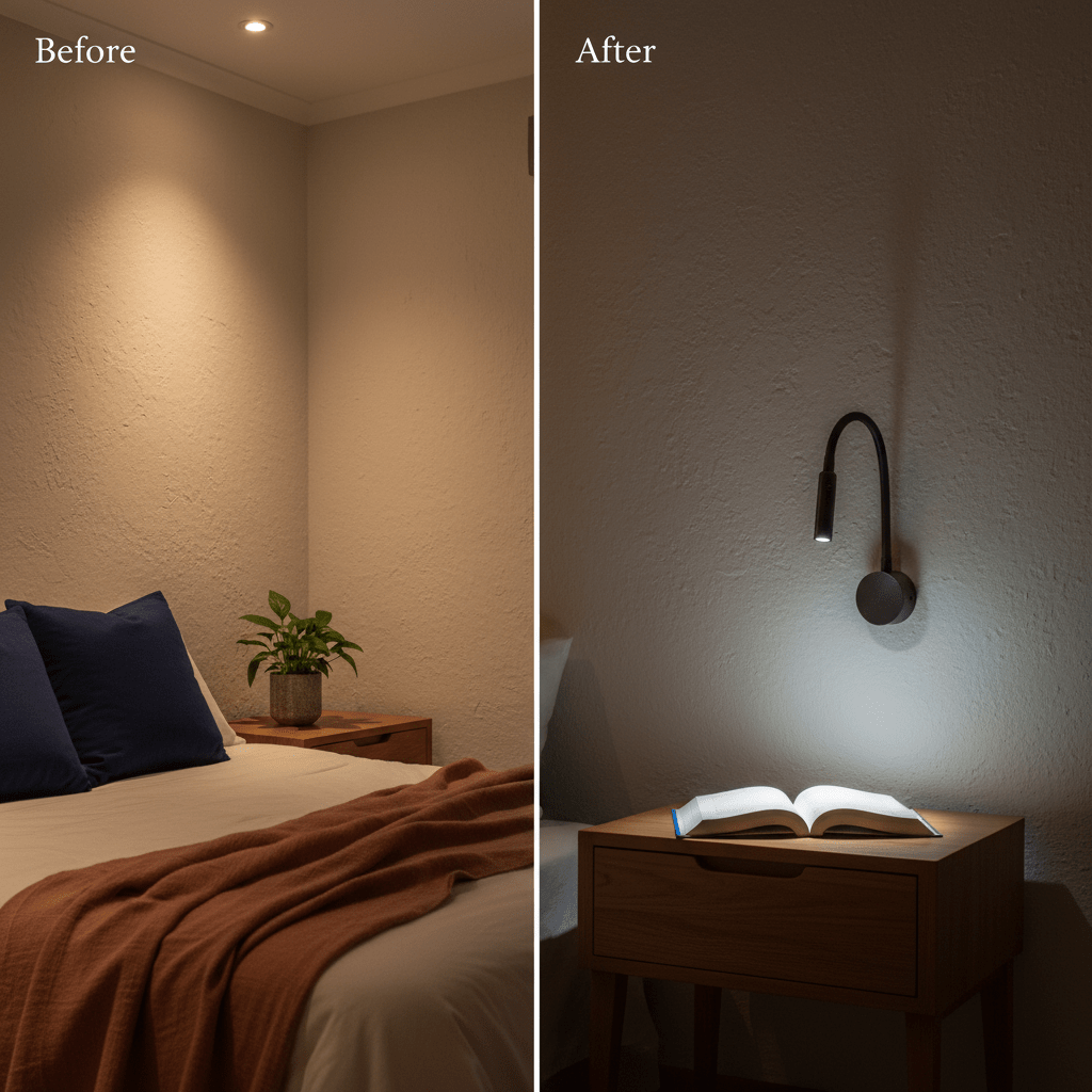 Before and after comparison of a bedroom with wall-mounted gooseneck reading light