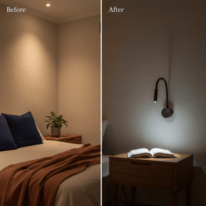 Before and after comparison of a bedroom with wall-mounted gooseneck reading light