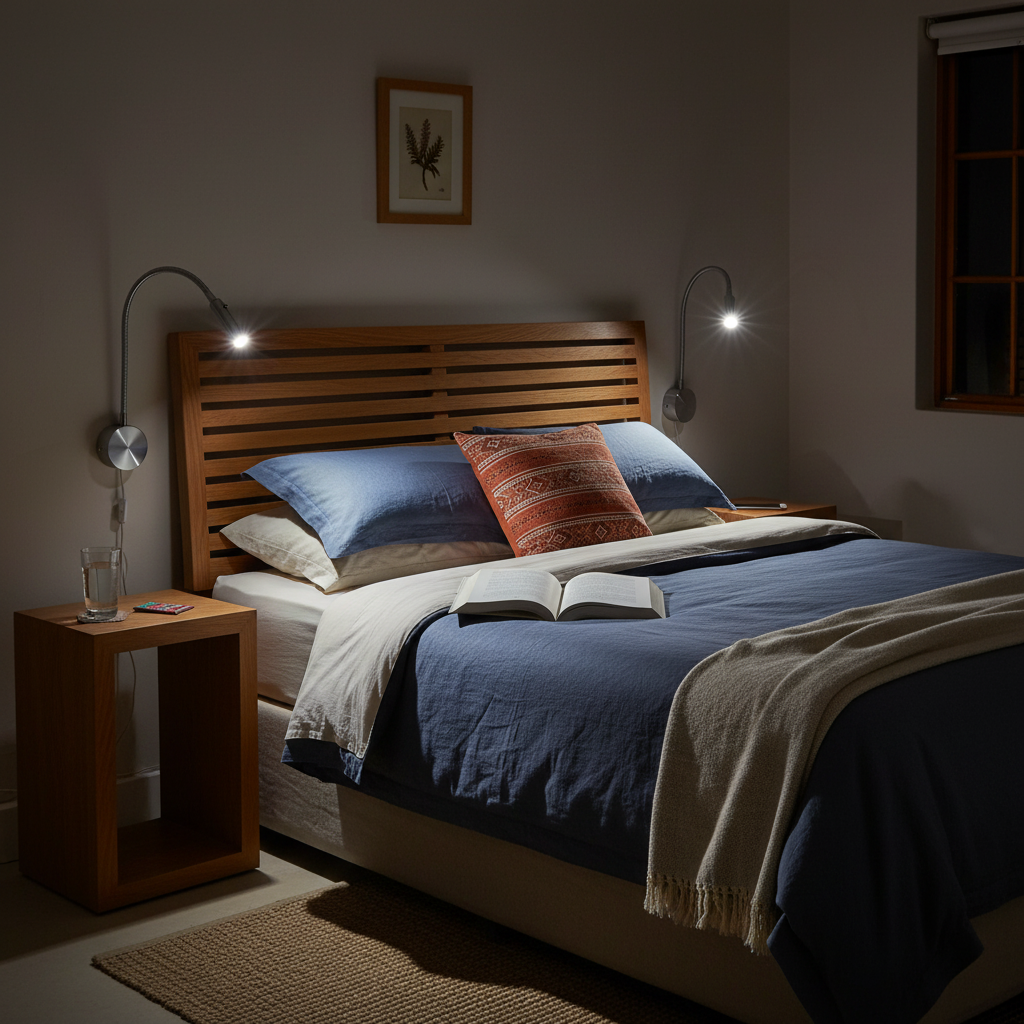 bedroom with pair of chrome gooseneck reading lights