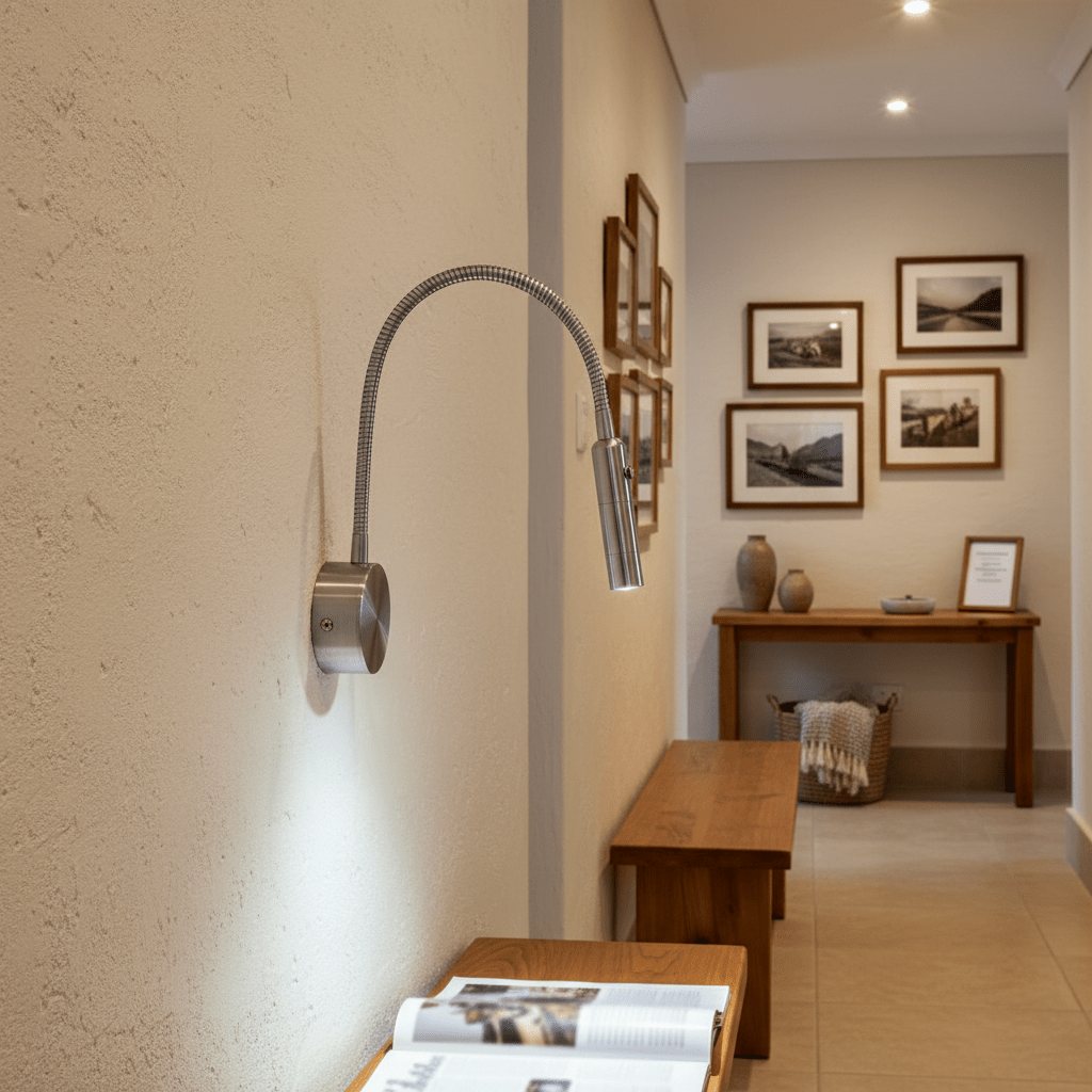Wall-mounted flexible light fixture in a room with a desk and framed pictures on the wall.