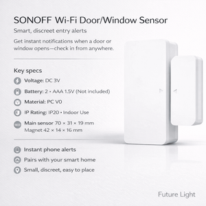 Close-up of SONOFF Wi-Fi Door/Window Sensor with key specs displayed, highlighting its compact design and features.