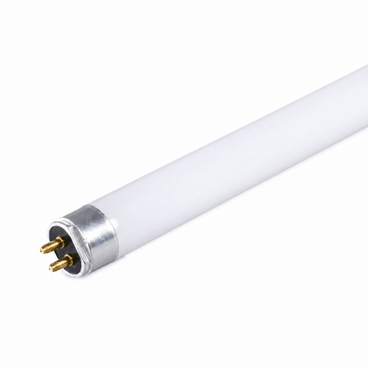 Close-up of a T5 LED tube light with a silver end cap and white glass body, showcasing its sleek design.