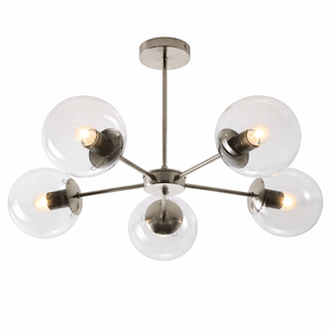Five-light satin chrome pendant with clear glass shades, showcasing a modern design.