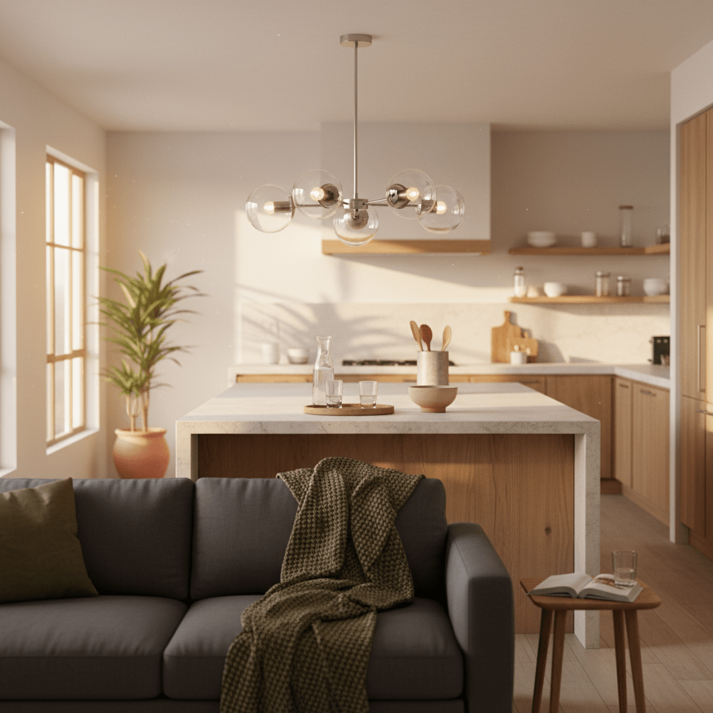 Satin chrome pendant light with clear glass shades hanging over a modern kitchen island, surrounded by cozy decor.
