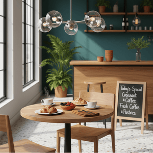 Satin chrome pendant light with clear glass shades illuminating a cozy dining area with pastries and coffee.