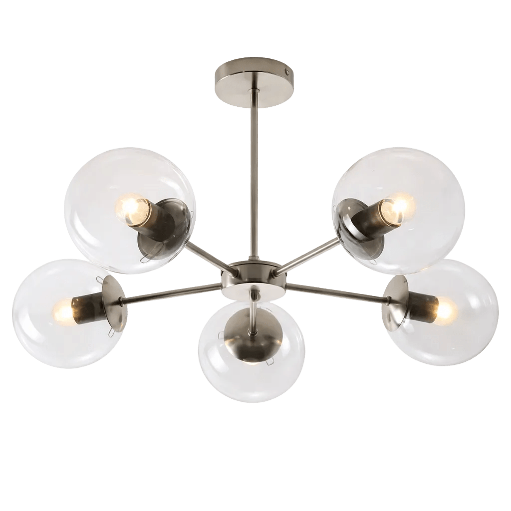 Five-light pendant with a satin chrome finish and clear glass globes, arranged symmetrically around a central hub.