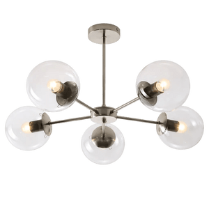 Five-light pendant with a satin chrome finish and clear glass globes, arranged symmetrically around a central hub.