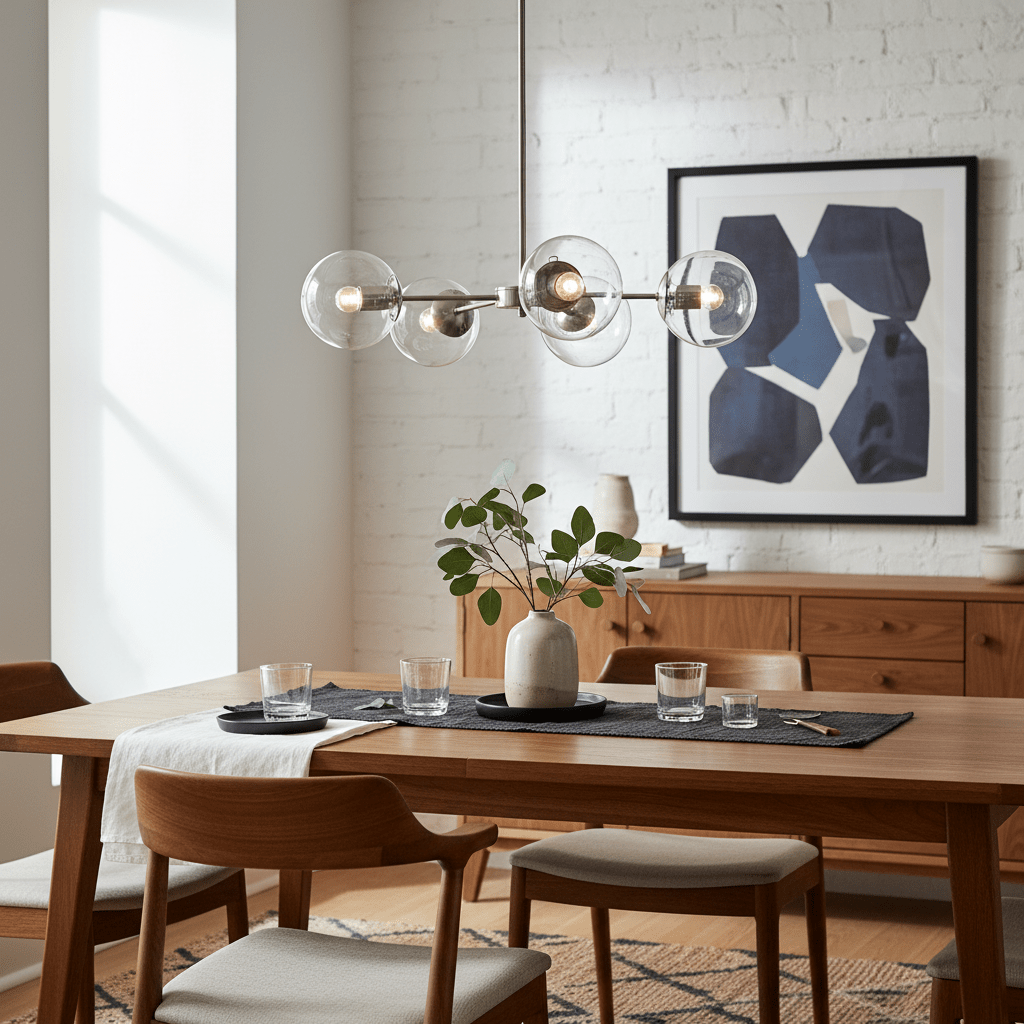 Satin chrome pendant light with clear glass shades above a wooden dining table, featuring a modern decor style.