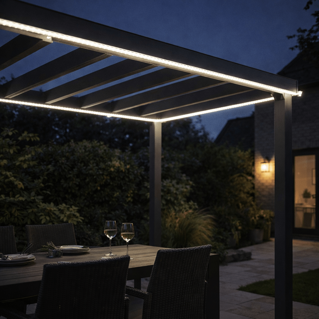 LED rope light illuminating a patio area under a pergola, enhancing the evening ambiance.