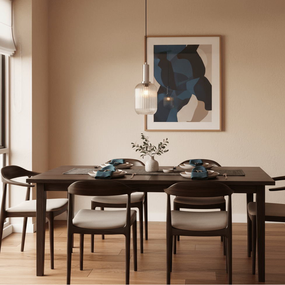 Stylish dining area featuring the Athina Clear Cut Glass Pendant above a wooden table set with plates and decor.