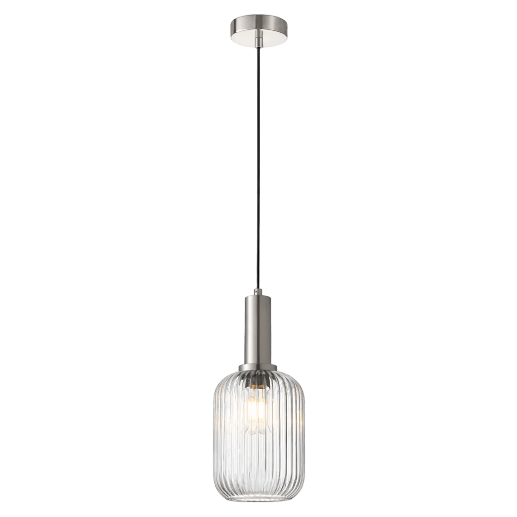 Clear cut glass pendant light with a ribbed design, silver metal accents, and a black hanging cord.