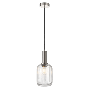Clear cut glass pendant light with a ribbed design, silver metal accents, and a black hanging cord.