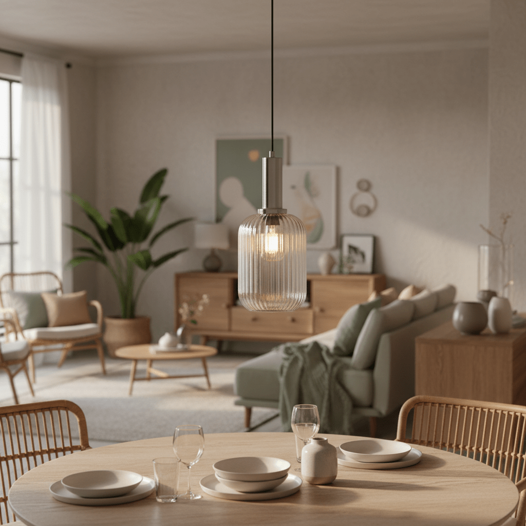 Athina Clear Cut Glass Pendant hanging over a dining table set with plates and glasses in a modern living space.