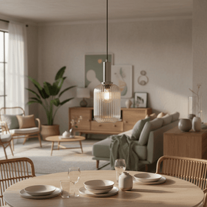 Athina Clear Cut Glass Pendant hanging over a dining table set with plates and glasses in a modern living space.