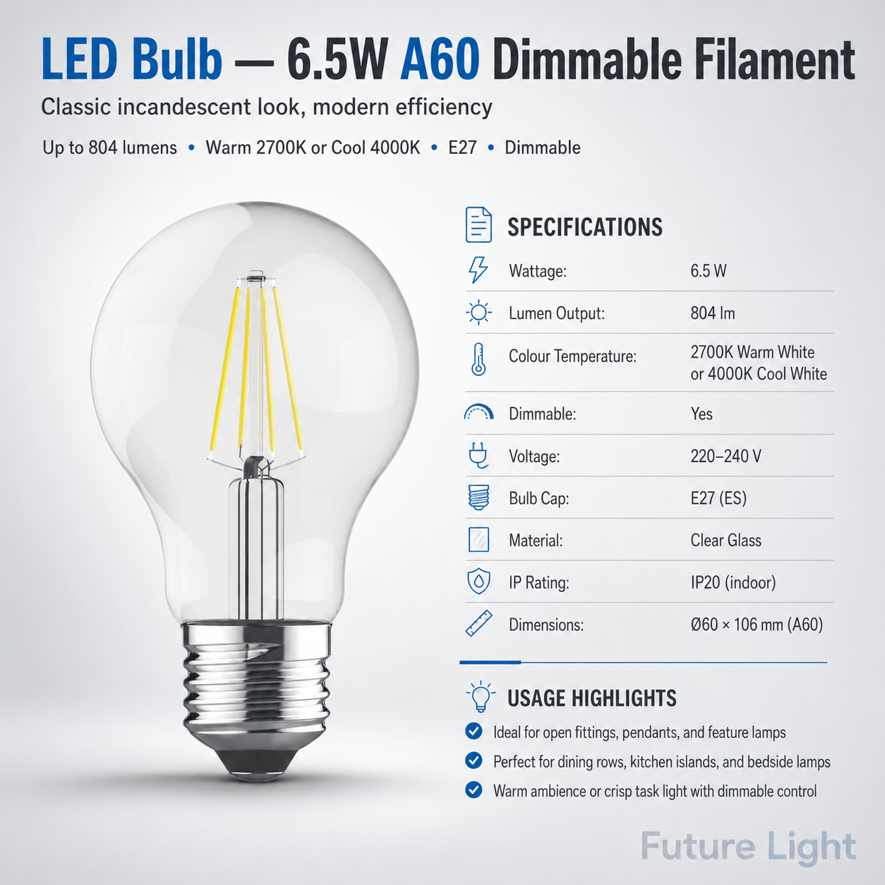 LED Bulb - 6.5W LED A60 Dimmable Filament Bulb