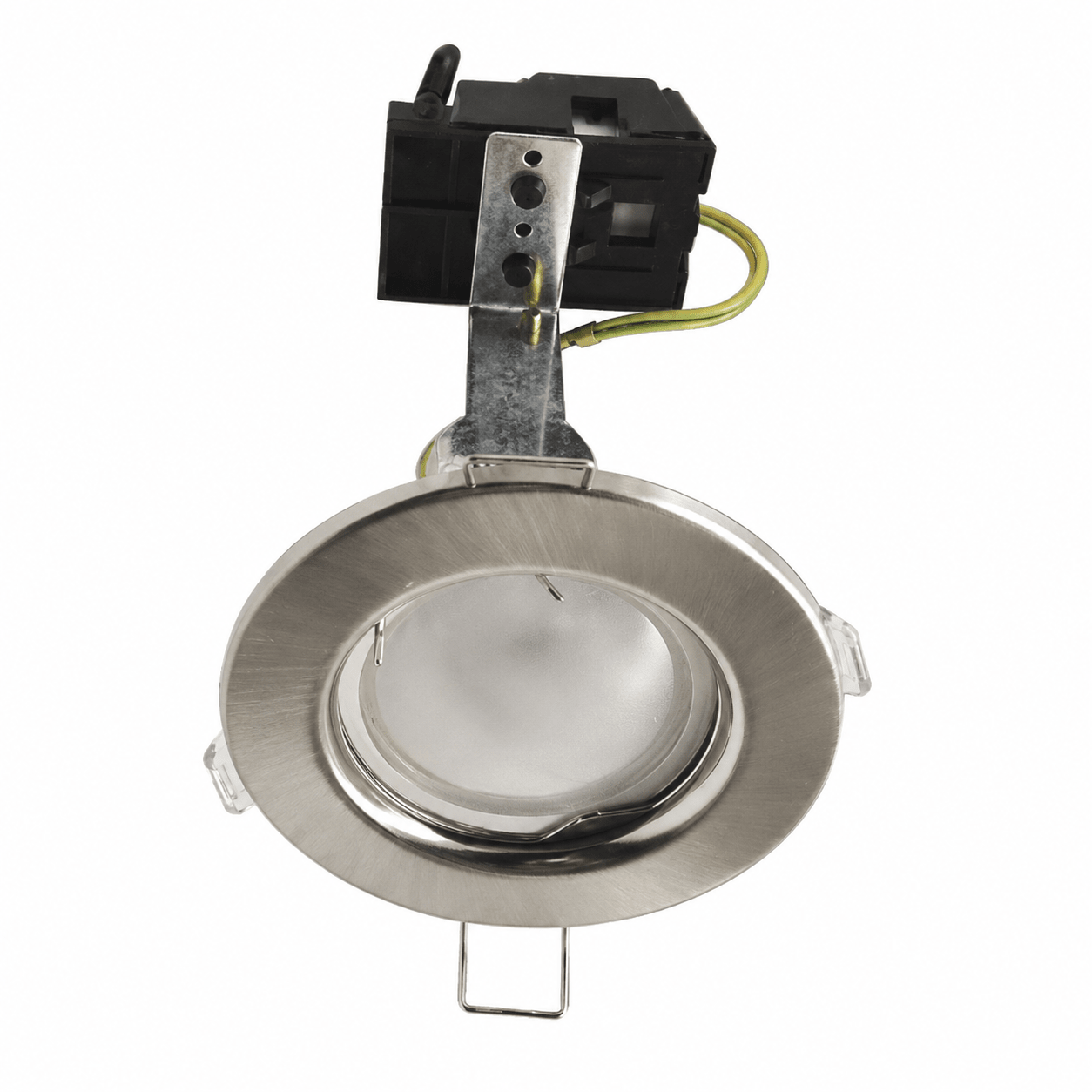 Warm White Satin Chrome LED Downlight with GU10 fitting and mounting bracket visible.