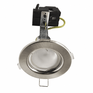Warm White Satin Chrome LED Downlight with GU10 fitting and mounting bracket visible.