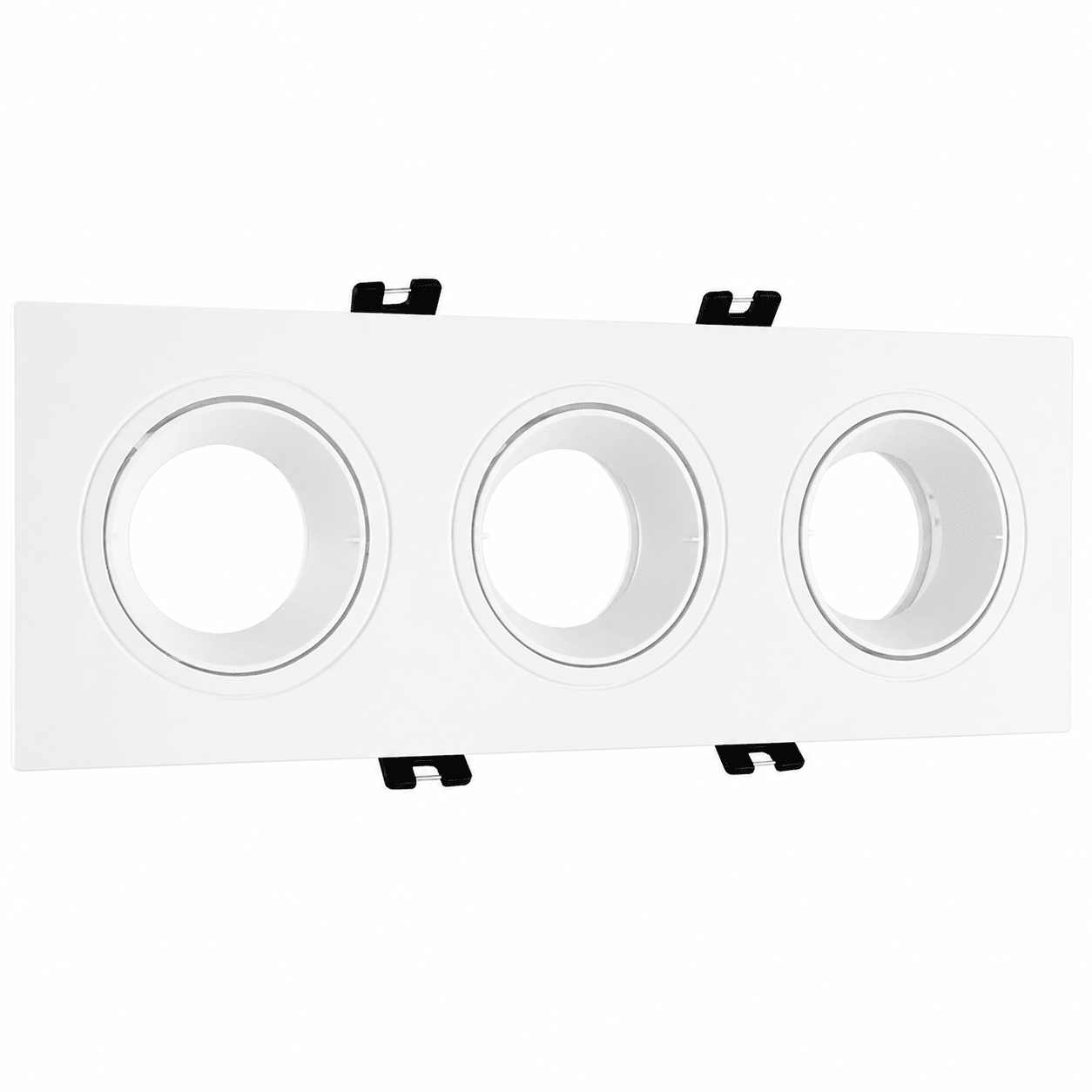 White polycarbonate LED downlight holder with three GU10 bulb sockets and mounting clips.