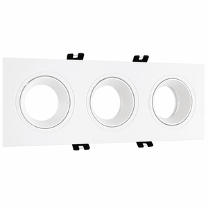 White polycarbonate LED downlight holder with three GU10 bulb sockets and mounting clips.