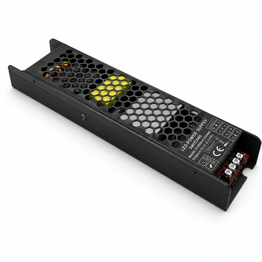 Slim LED power supply with honeycomb ventilation, showing input/output connections and branding.