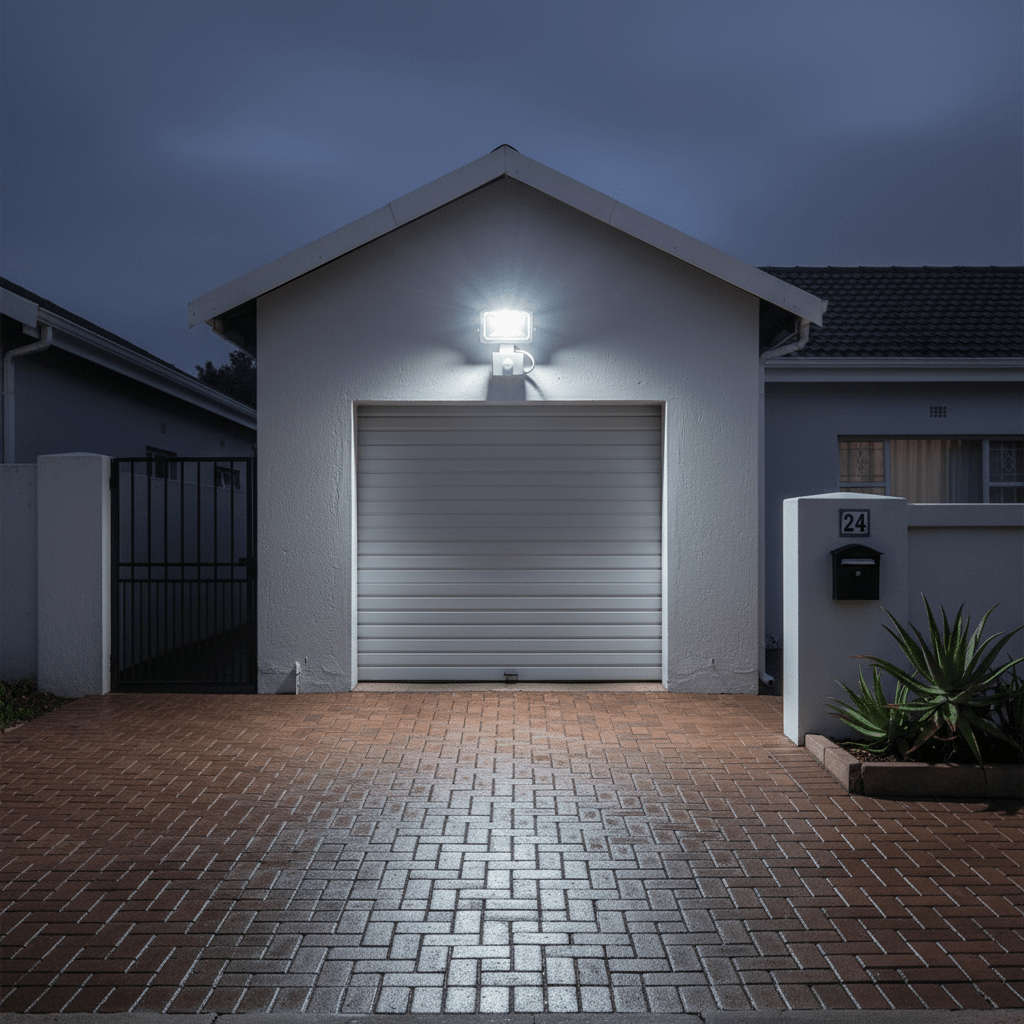 LED motion sensor floodlight illuminating a driveway and garage at night, enhancing visibility.