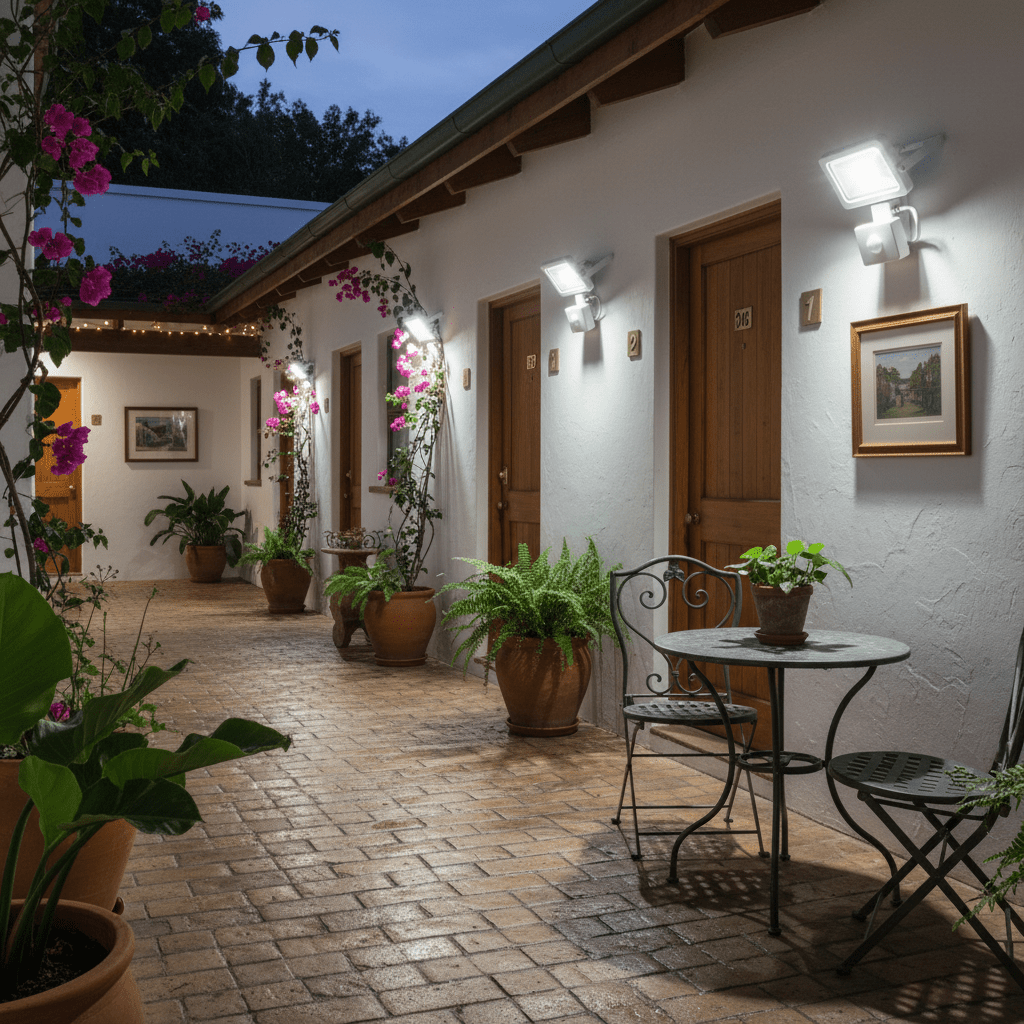 Outdoor corridor illuminated by motion sensor floodlights, featuring potted plants and a small table.