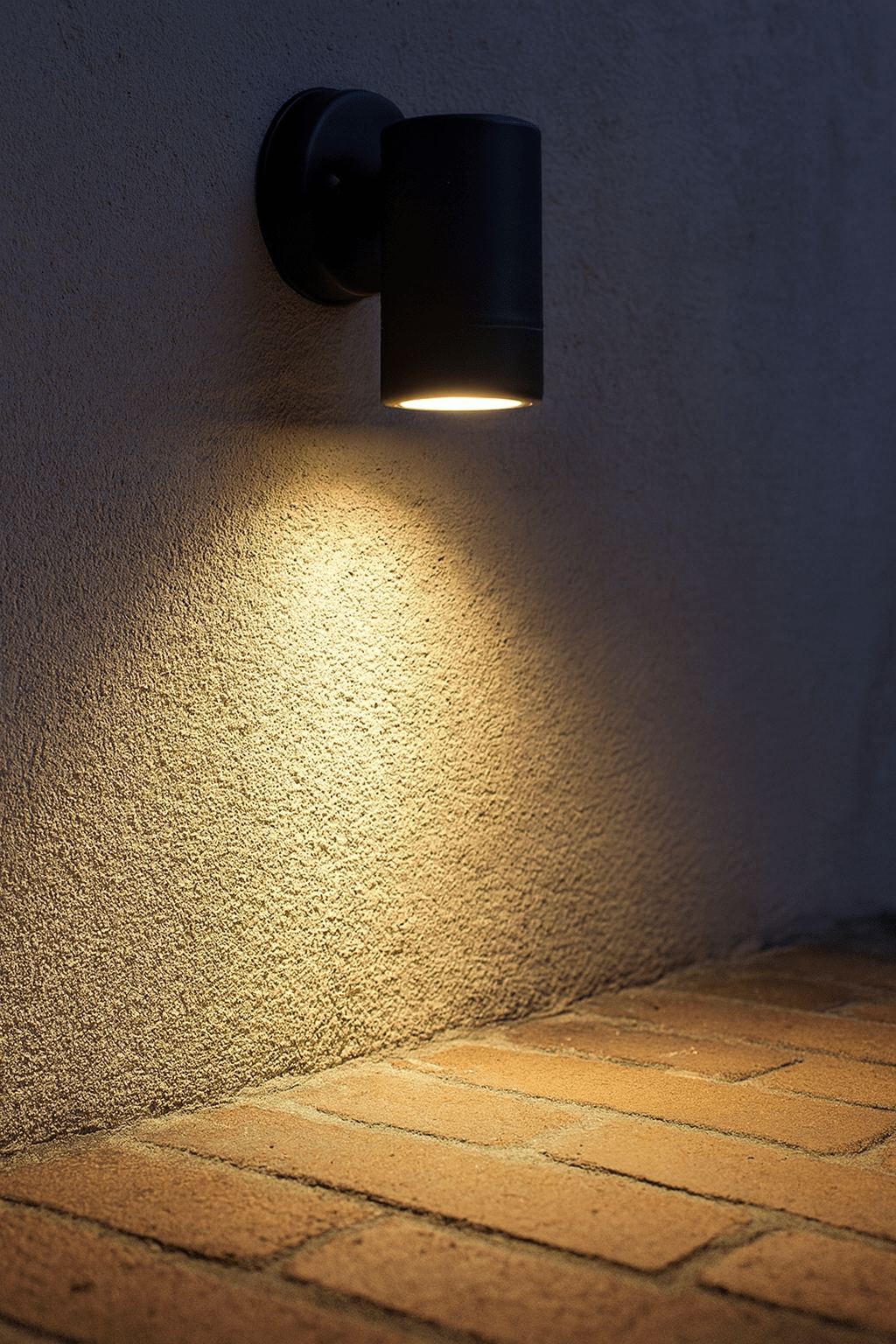 Black cylindrical outdoor wall light mounted on a textured wall, casting warm downward light onto brick paving