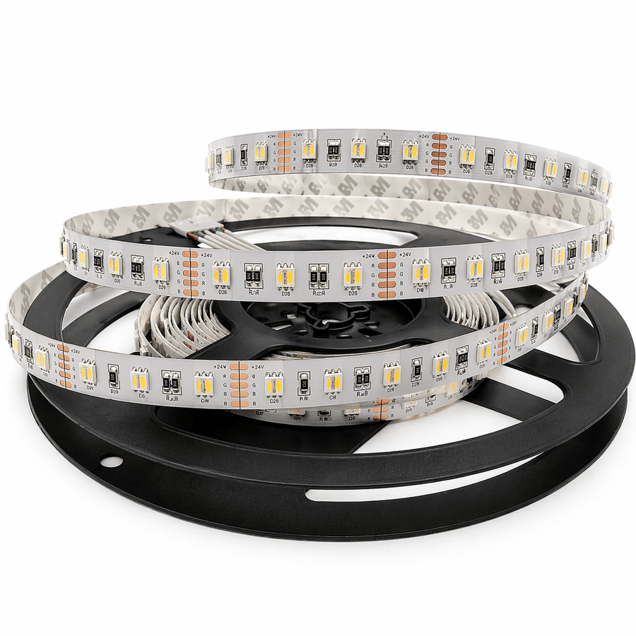 Flexible 24V RGBW LED striplight roll on a black spool, showcasing multiple LED segments.