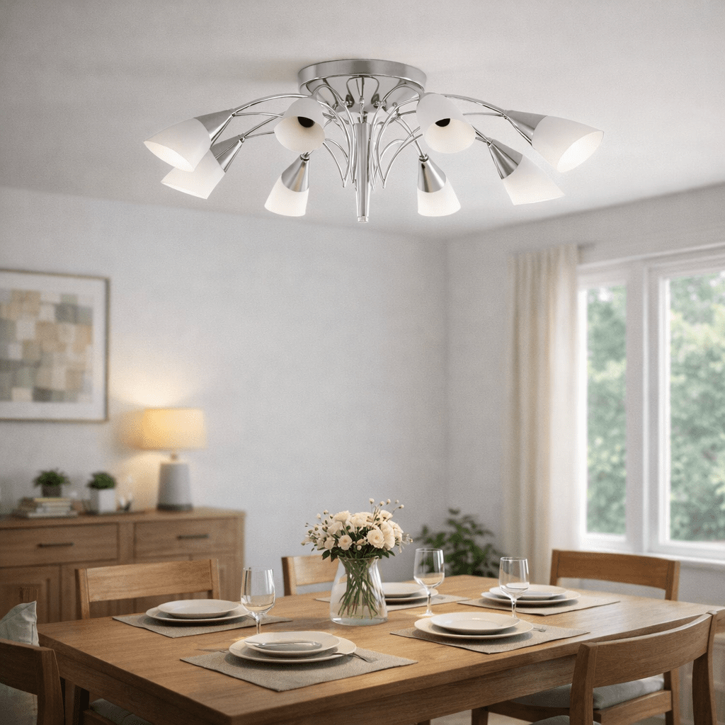 Satin chrome flush mount pendant light illuminating a dining table set with plates and flowers.