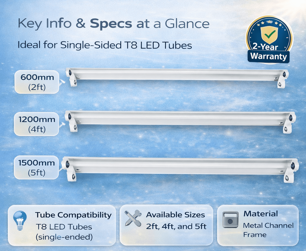 Product specifications for LED tubes with different lengths on a blue background