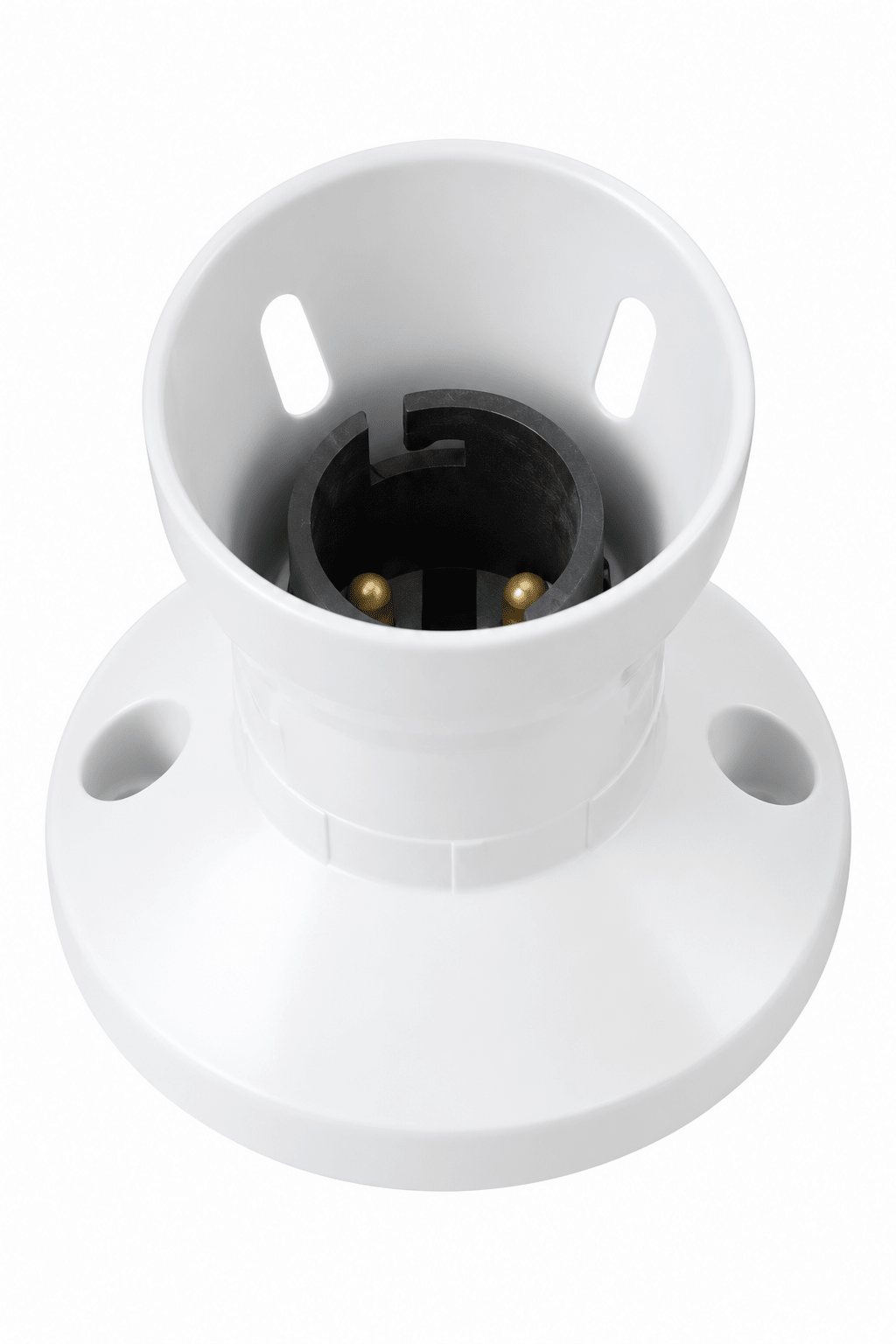 Close-up of a B22 lamp holder featuring a white heat-resistant plastic body and black interior for bulb fitting.
