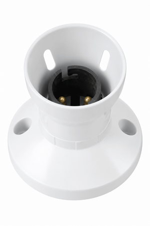 Close-up of a B22 lamp holder featuring a white heat-resistant plastic body and black interior for bulb fitting.