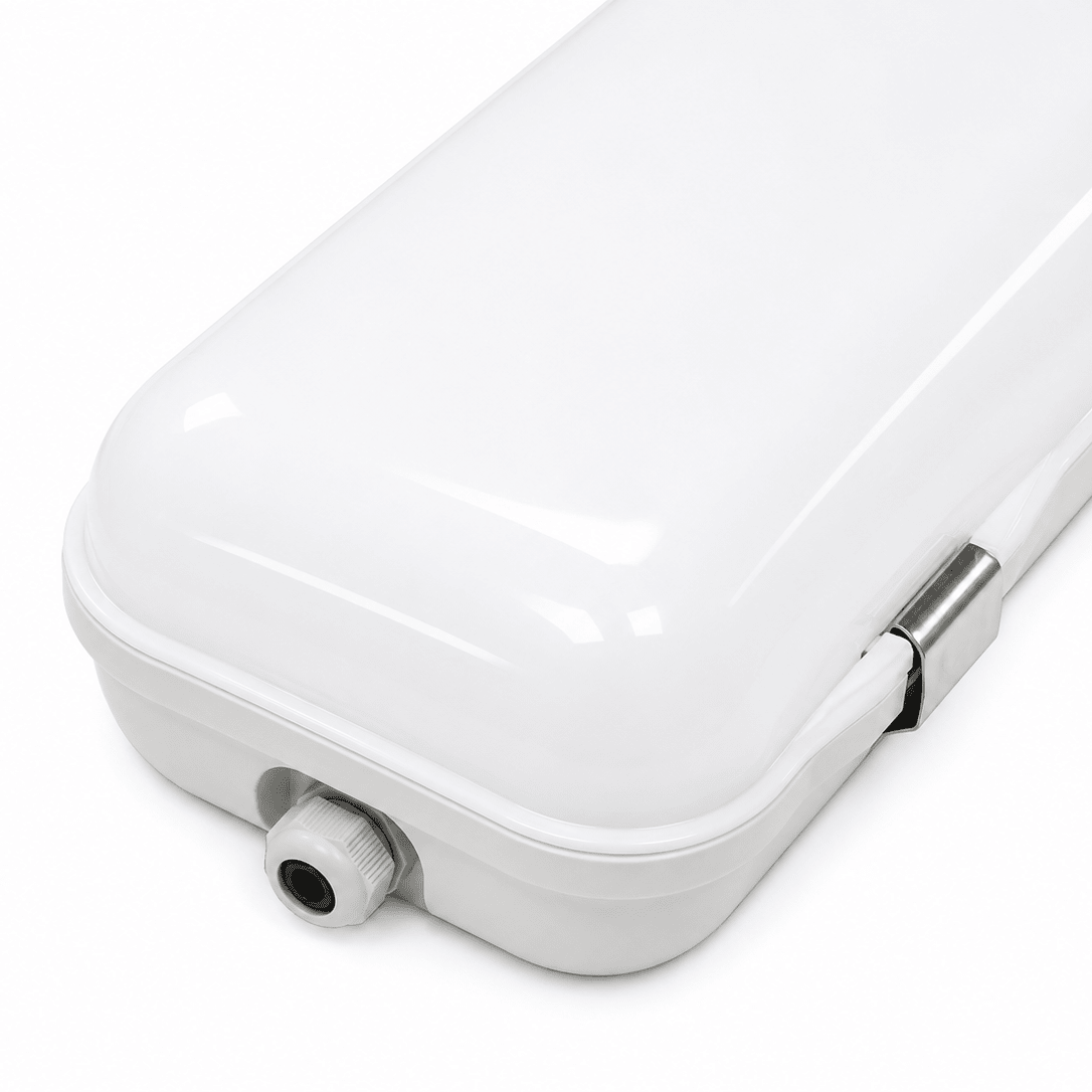 Close-up of a weatherproof LED tube fitting with a smooth white cover and metal clip.