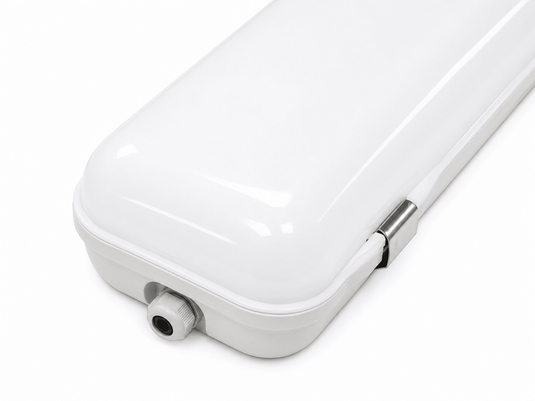 Close-up of a weatherproof LED tube fitting with a smooth white cover and metal clip.
