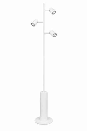 White floor lamp with three adjustable light heads on a white background