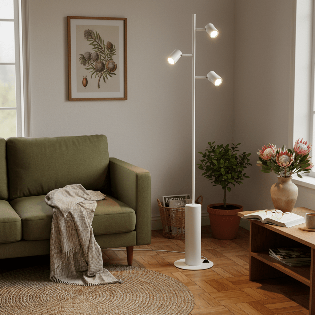 Floor lamp colour temperature guide for Cape Town interiors, warm white standing lamp in a realistic lounge, soft 3000K light on textured wall, balanced 800x800 composition with charcoal and warm oak accents