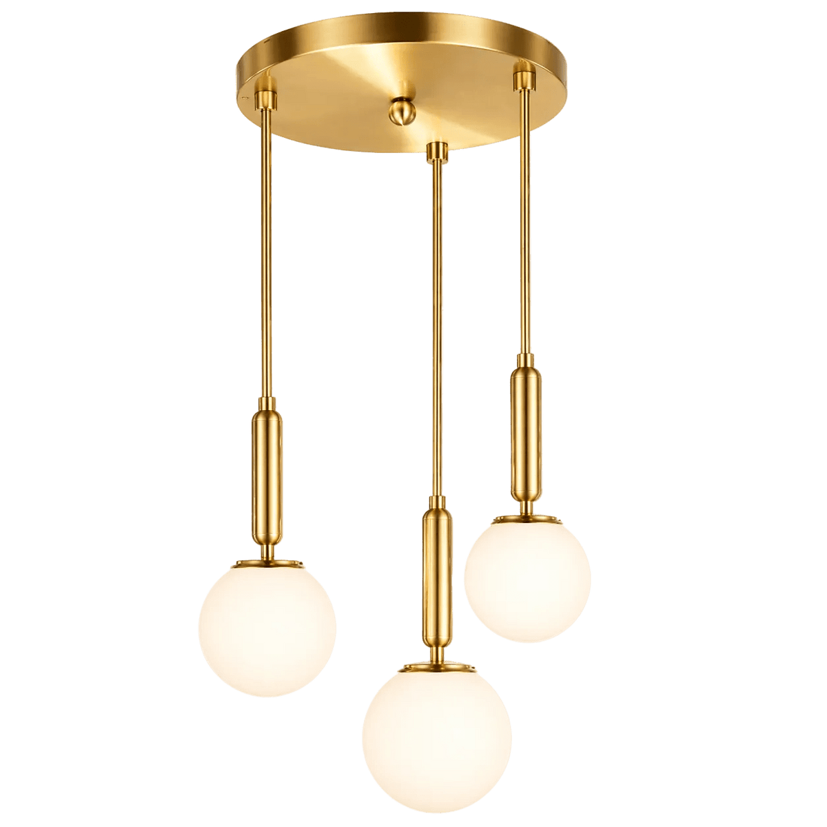 Three spherical white glass shades hang from a circular antique brass ceiling mount, with slender rods connecting them.