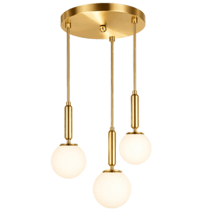 Three spherical white glass shades hang from a circular antique brass ceiling mount, with slender rods connecting them.