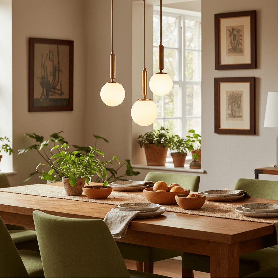 Three opal glass shades of the antique brass pendant light hang above a wooden dining table set with plates and bowls.