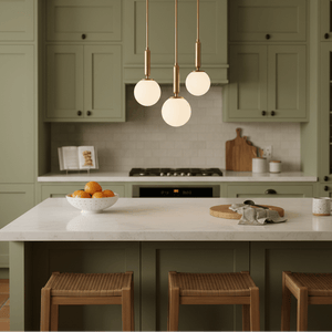 Three opal glass shades of the antique brass pendant light hang above a kitchen island with a bowl of oranges.